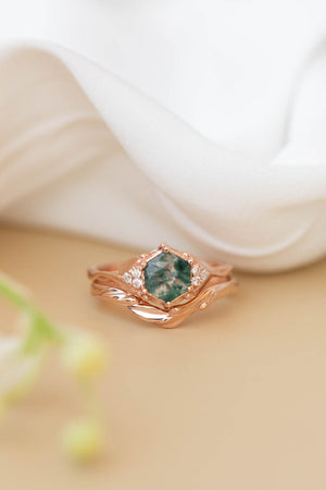 Moss agate bridal ring set, nature inspired engagement ring set with diamonds / Roma - Eden Garden Jewelry™