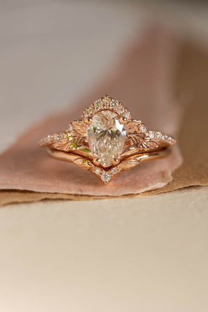 Lab grown diamond engagement ring set, rose gold leaves and diamonds crown bridal ring set / Amelia - Eden Garden Jewelry™