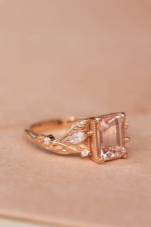 Morganite engagement ring set, emerald cut gemstone bridal ring set / Patricia - Eden Garden Jewelry™