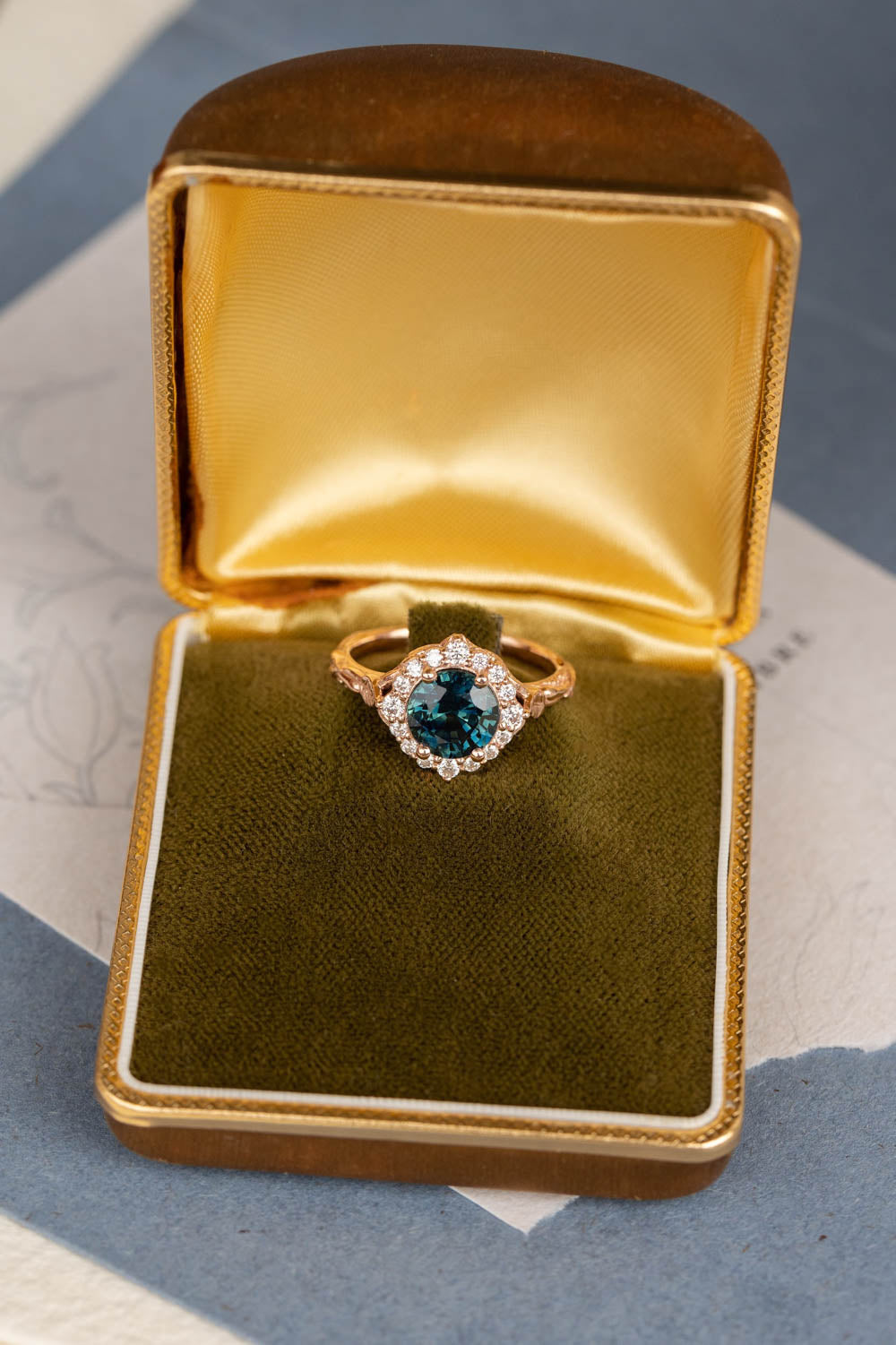 Gorgeous teal sapphire engagement ring with diamond halo, nature inspired gold ring with 2.3 carat sapphire and diamonds / Florentina - Eden Garden Jewelry™