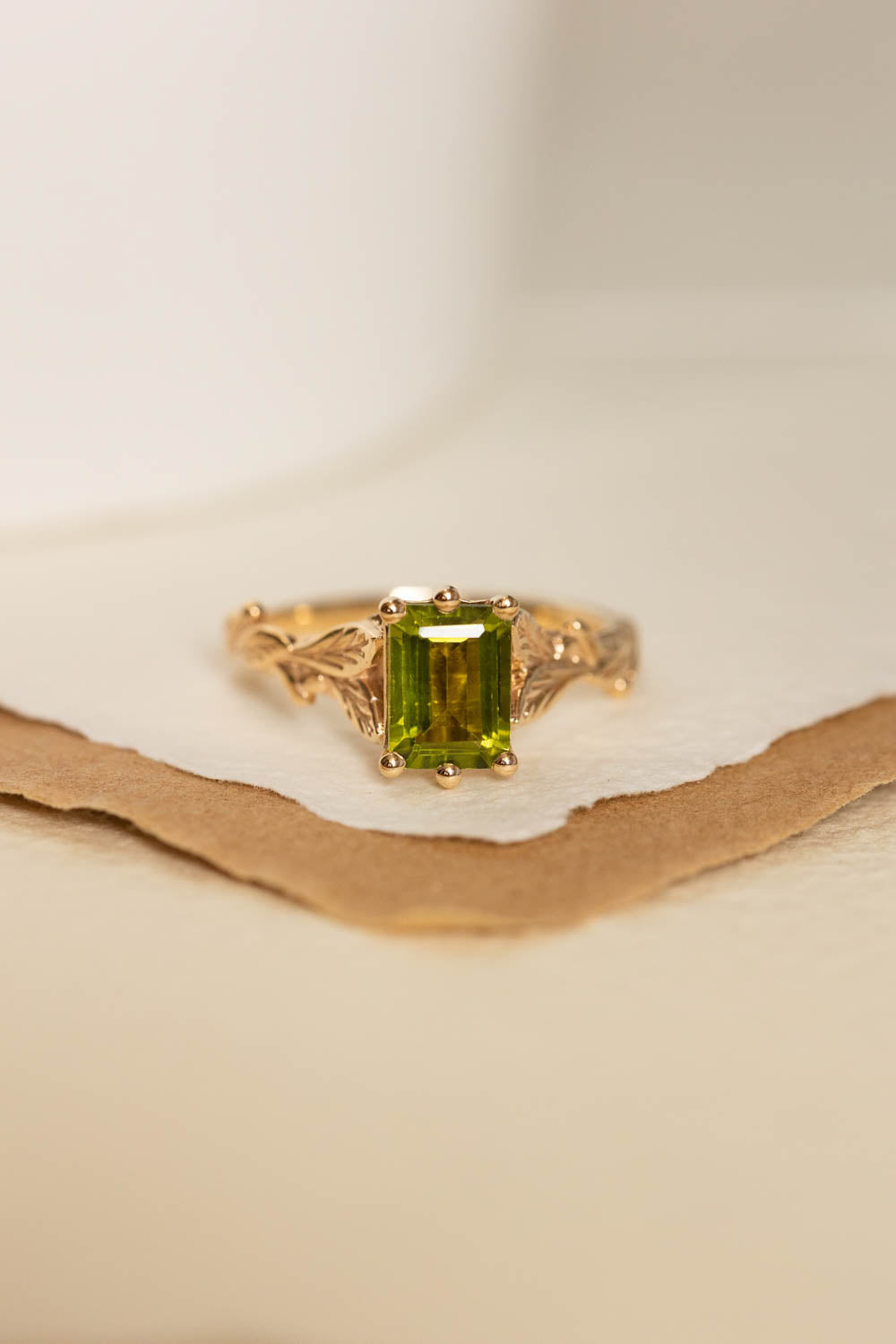 Octagon peridot engagement ring, nature themed branch proposal ring / Freesia - Eden Garden Jewelry™