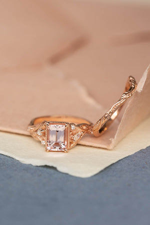 Morganite engagement ring set, emerald cut gemstone bridal ring set / Patricia - Eden Garden Jewelry™