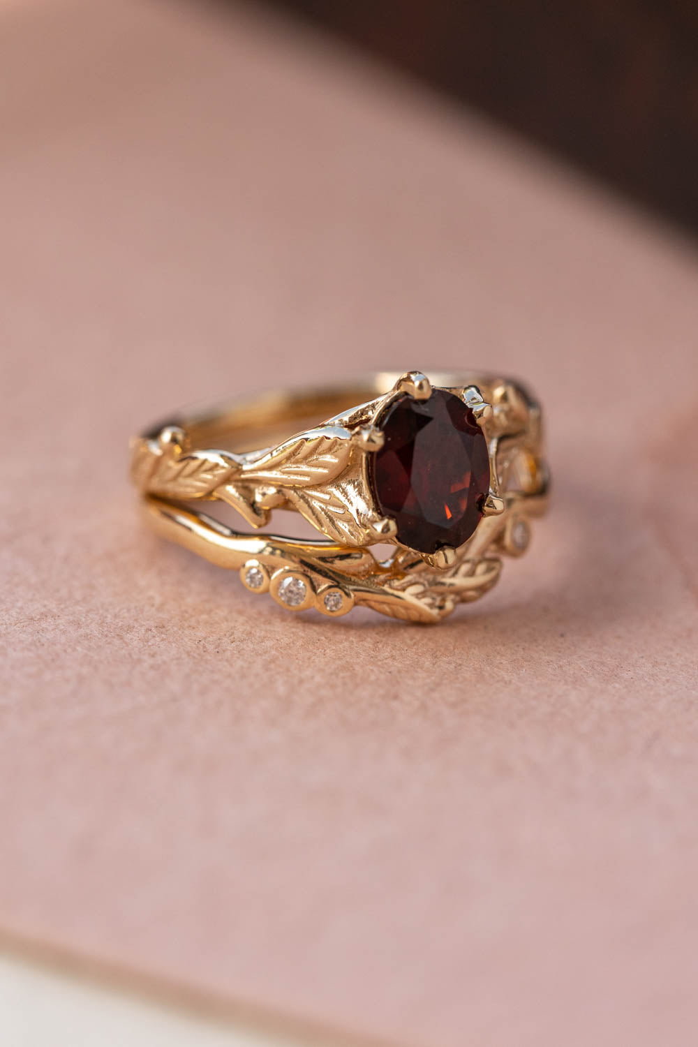 Garnet gold leaves engagement ring set, nature inspired bridal ring set / Freesia - Eden Garden Jewelry™