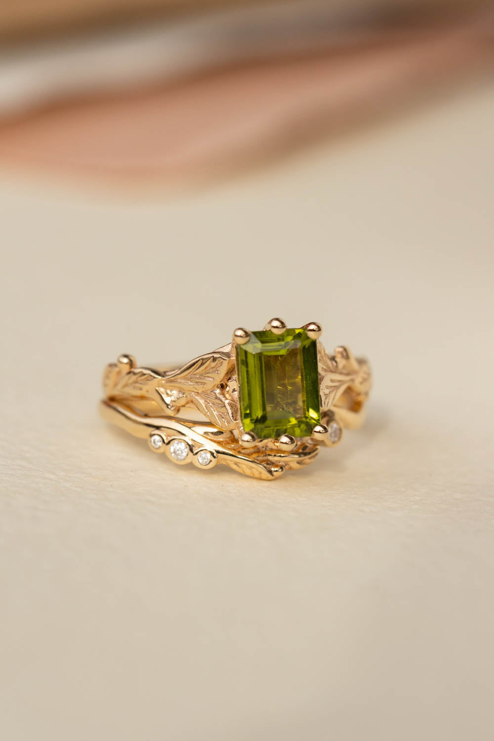 Octagon peridot engagement ring, nature themed branch proposal ring / Freesia - Eden Garden Jewelry™