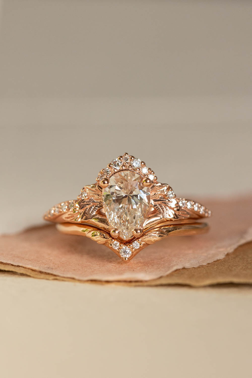 Lab grown diamond engagement ring set, rose gold leaves and diamonds crown bridal ring set / Amelia - Eden Garden Jewelry™