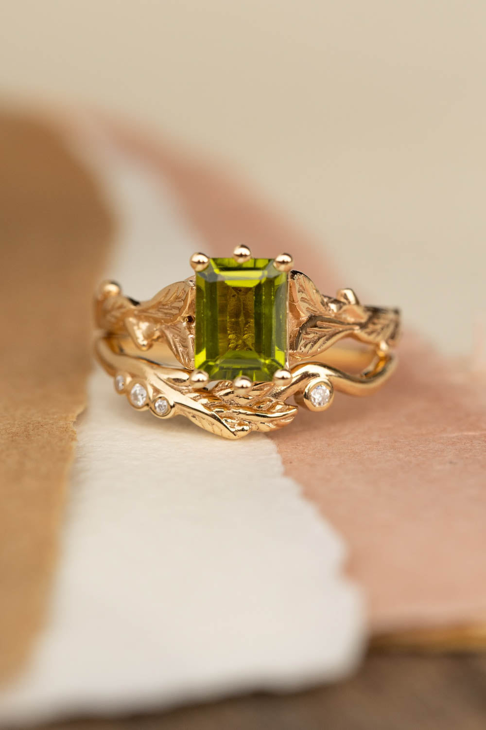 Octagon peridot engagement ring, nature themed branch proposal ring / Freesia - Eden Garden Jewelry™