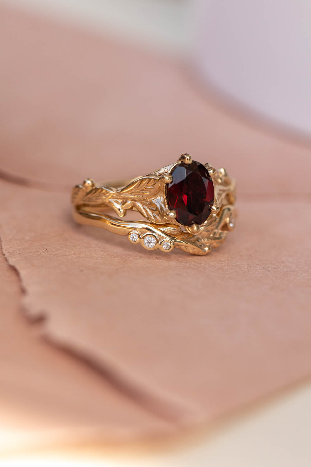 Natural garnet engagement ring, nature inspired gold engagement ring / Freesia - Eden Garden Jewelry™