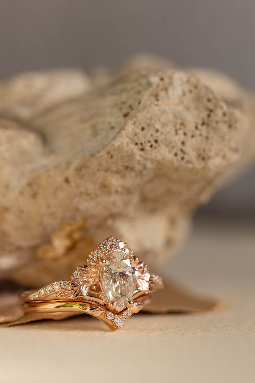 Lab grown diamond engagement ring set, rose gold leaves and diamonds crown bridal ring set / Amelia - Eden Garden Jewelry™