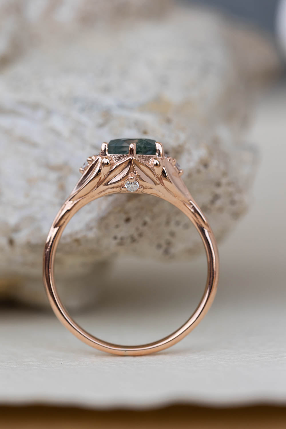 Moss agate bridal ring set, nature inspired engagement ring set with diamonds / Roma - Eden Garden Jewelry™