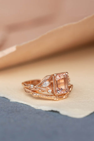 Morganite engagement ring set, emerald cut gemstone bridal ring set / Patricia - Eden Garden Jewelry™