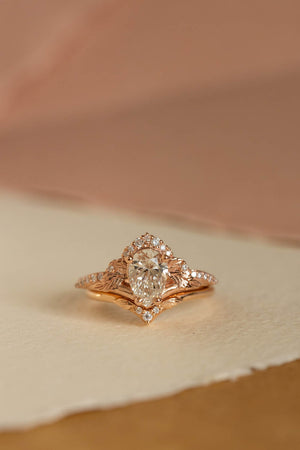 Lab grown diamond engagement ring set, rose gold leaves and diamonds crown bridal ring set / Amelia - Eden Garden Jewelry™