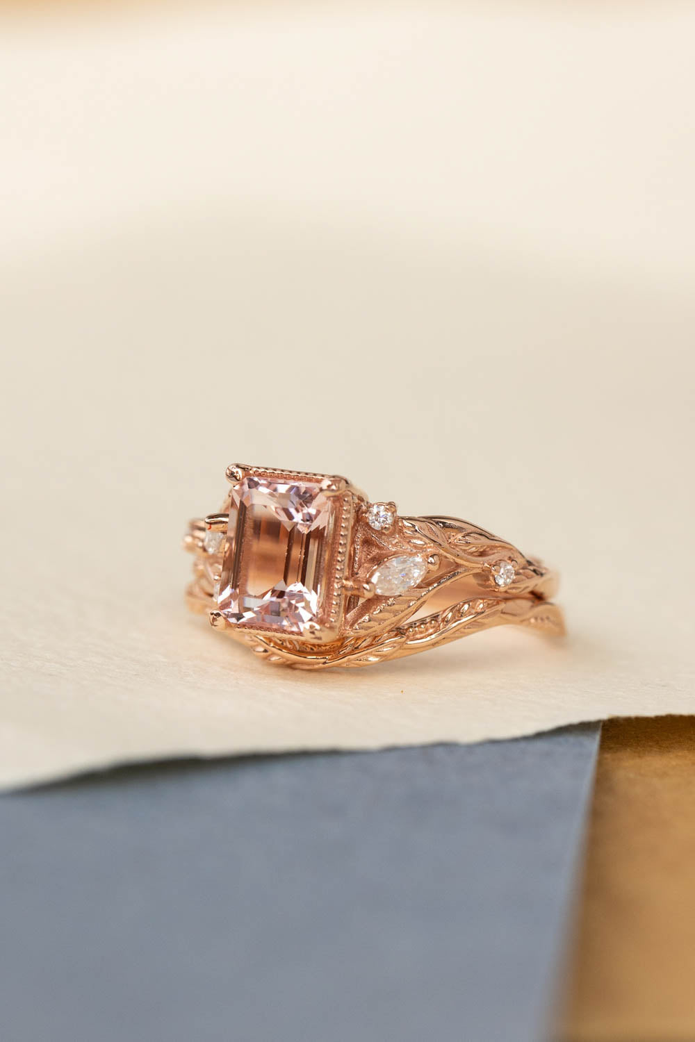 Morganite engagement ring set, emerald cut gemstone bridal ring set / Patricia - Eden Garden Jewelry™