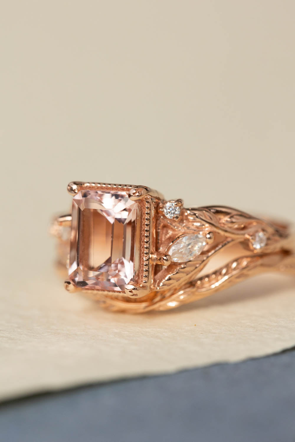 Morganite engagement ring set, emerald cut gemstone bridal ring set / Patricia - Eden Garden Jewelry™