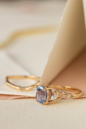 Light blue sapphire bridal ring set, gold branch engagement ring with diamonds / Patricia - Eden Garden Jewelry™