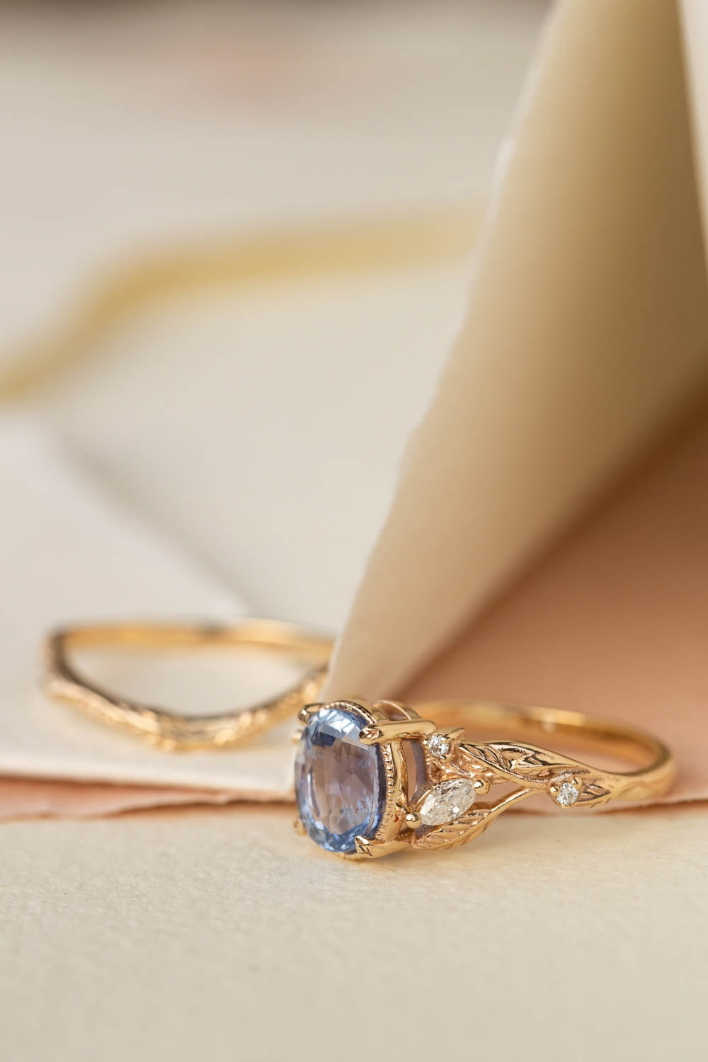 Natural blue sapphire engagement ring, gold leaves and diamonds promise ring / Patricia - Eden Garden Jewelry™