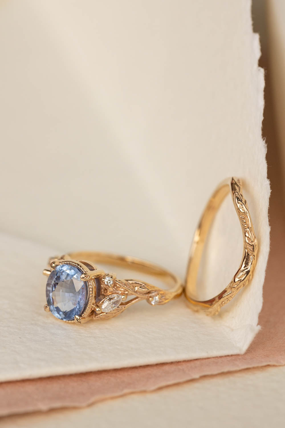 Light blue sapphire bridal ring set, gold branch engagement ring with diamonds / Patricia - Eden Garden Jewelry™