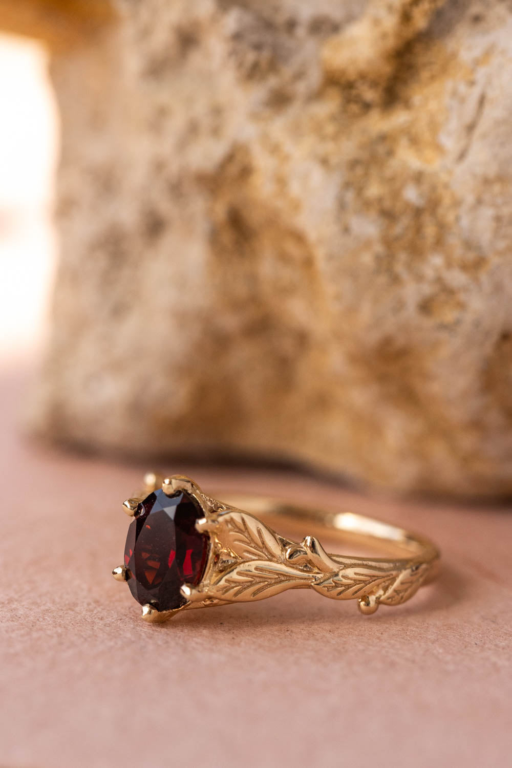 READY TO SHIP: Freesia ring in 14K yellow gold, natural garnet 8x6 mm oval cut, RING SIZE - 7 US - Eden Garden Jewelry™