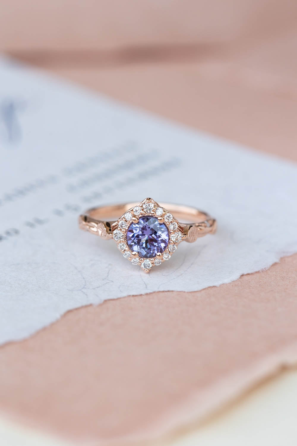 Lavender tanzanite engagement ring with diamond halo, rose gold leaves ring with diamonds / Florentina - Eden Garden Jewelry™