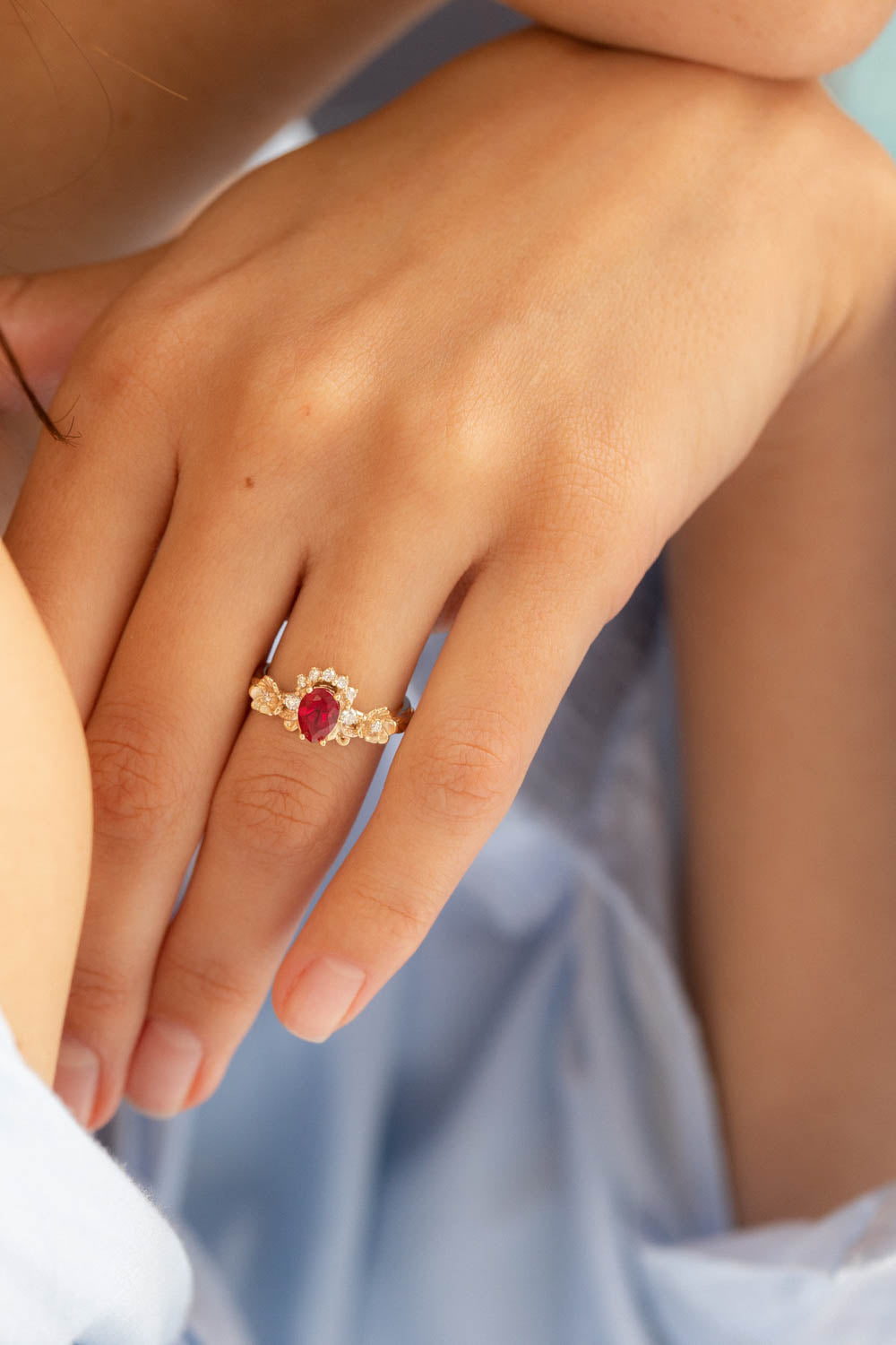 Lab ruby bridal ring set with diamond crown, unique flower engagement ring set / Adelina - Eden Garden Jewelry™