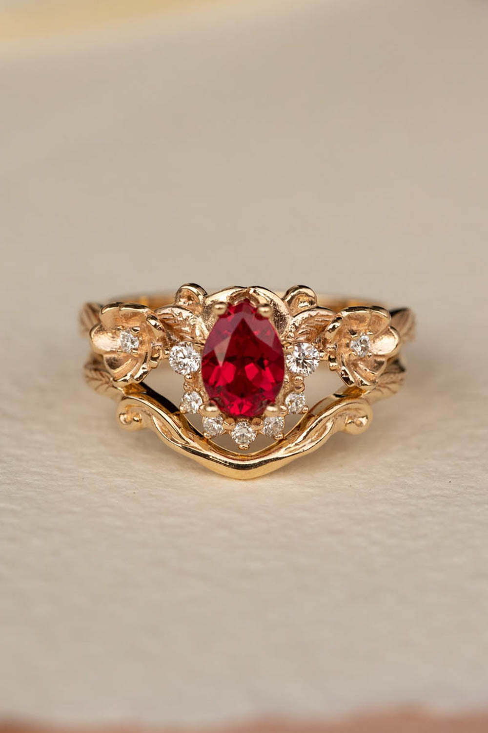 Lab ruby bridal ring set with diamond crown, unique flower engagement ring set / Adelina - Eden Garden Jewelry™