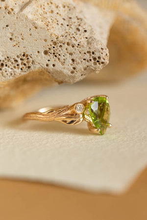 Peridot engagement ring with accent gemstones, big pear gemstone ring / Arius - Eden Garden Jewelry™