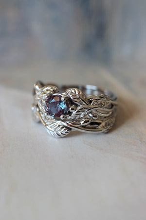 Alexandrite bridal ring set, nature inspired engagement and wedding rings / Cornus - Eden Garden Jewelry™