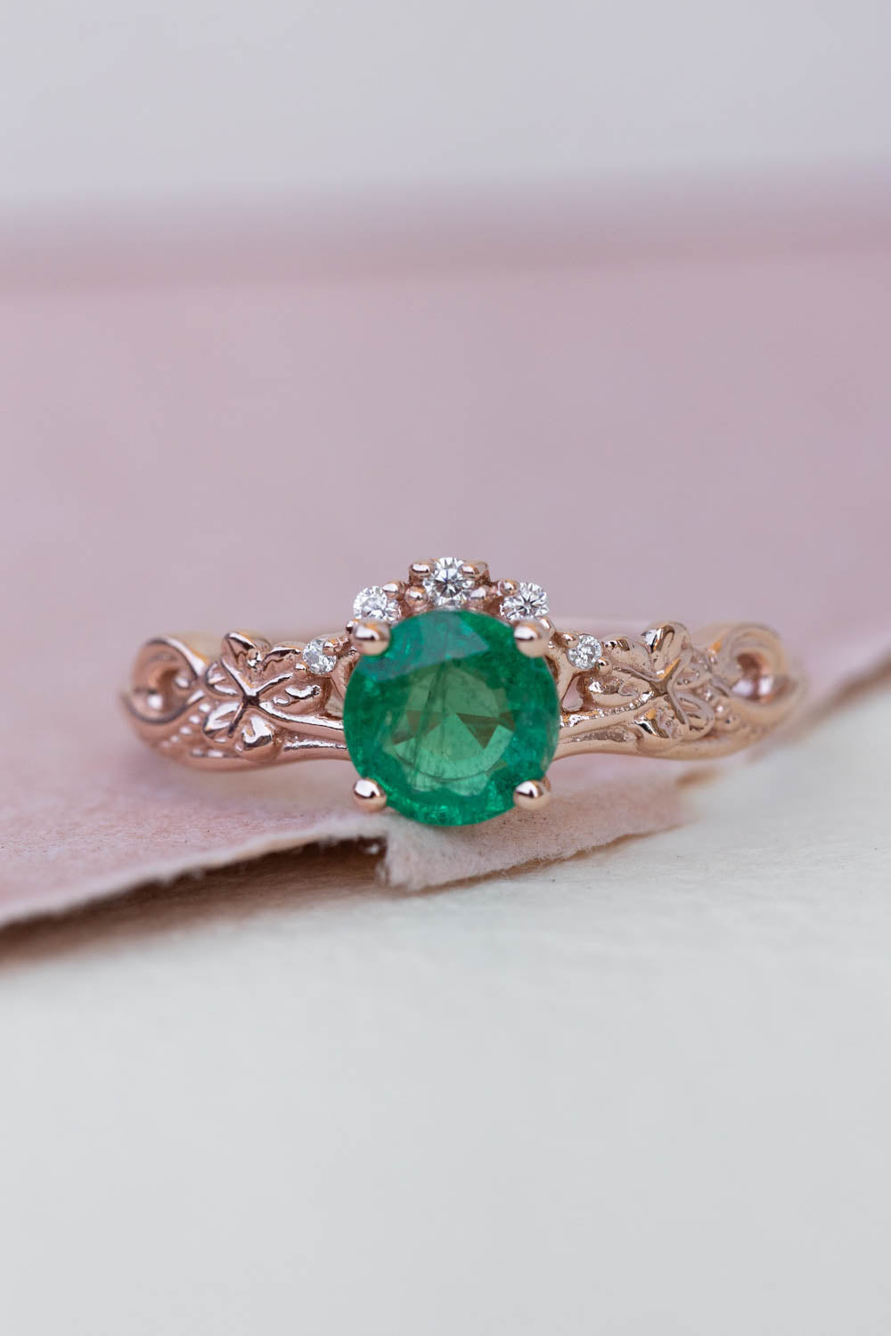 Round emerald rose gold engagement ring, clover leaves proposal ring with diamonds / Horta - Eden Garden Jewelry™