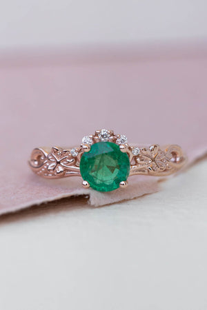 Round emerald rose gold engagement ring, clover leaves proposal ring with diamonds / Horta - Eden Garden Jewelry™