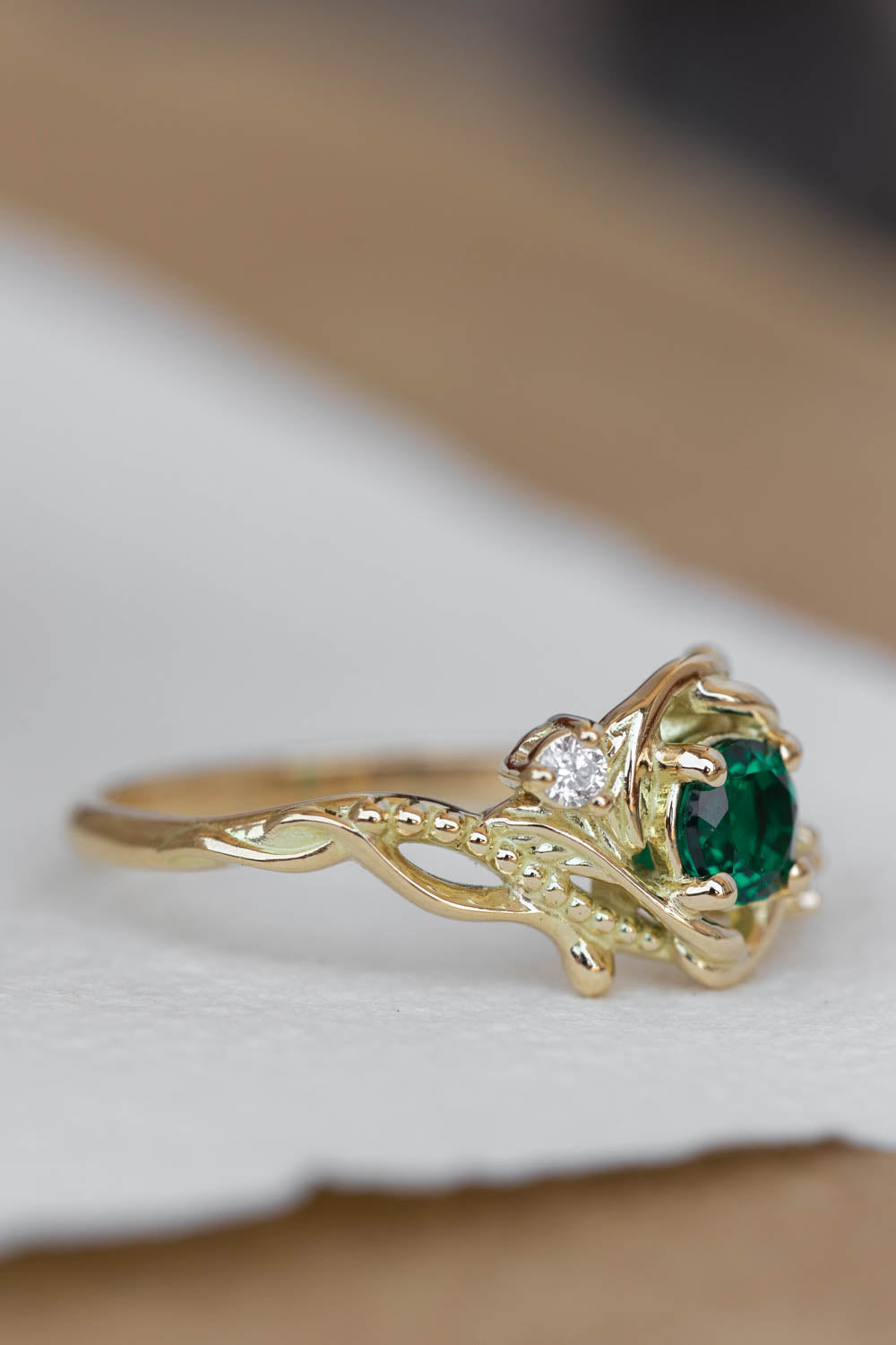 Lab emerald engagement ring, nature themed ring with accent diamonds  / Undina - Eden Garden Jewelry™