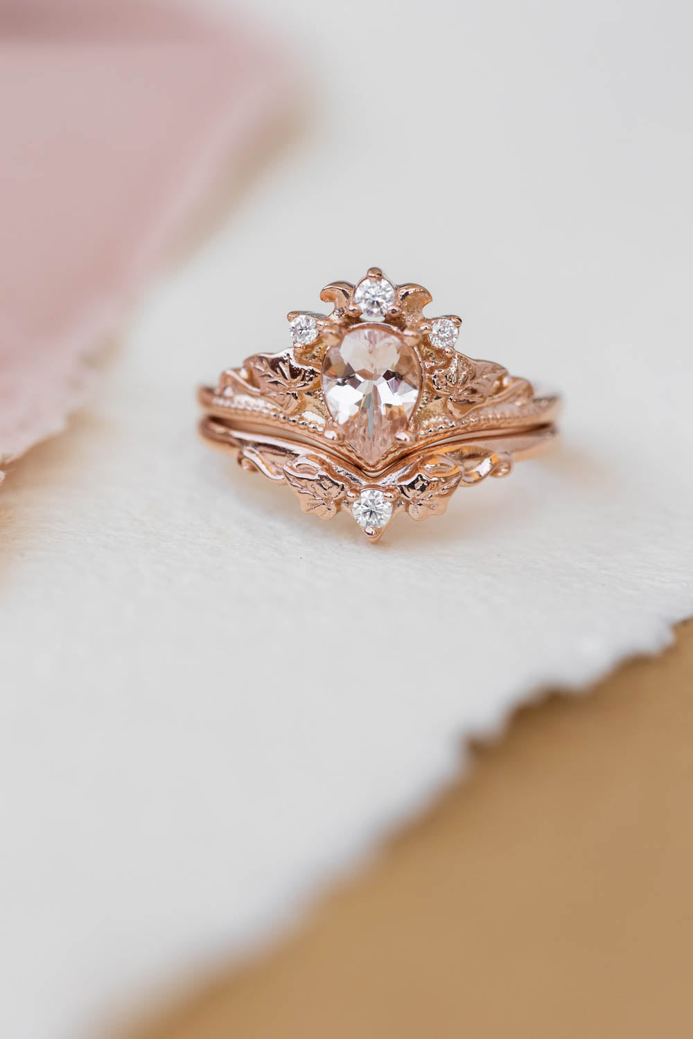 Natural pear morganite bridal ring set, rose gold ivy leaves engagement rings / Ariadne - Eden Garden Jewelry™