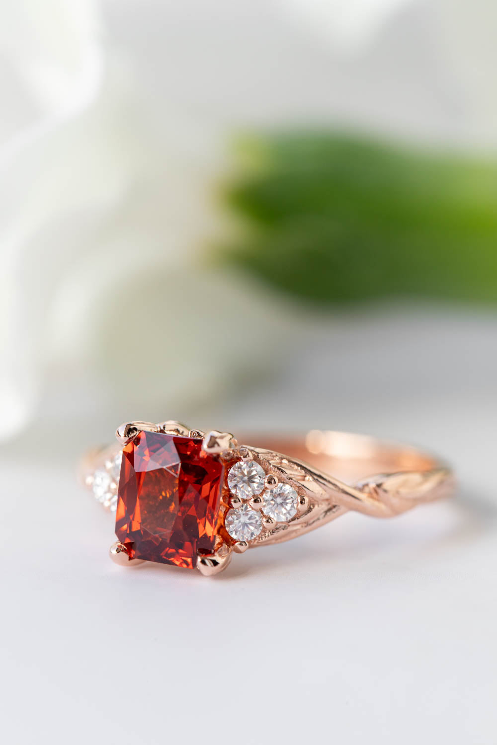 Emerald cut garnet engagement ring, rose gold proposal ring with diamonds / Gloria - Eden Garden Jewelry™