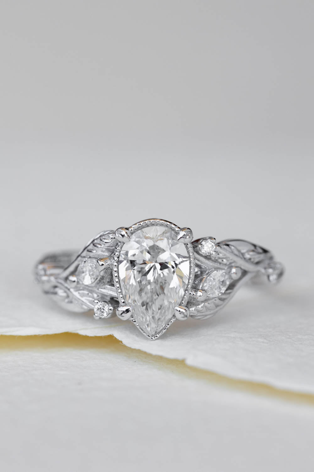 READY TO SHIP: Patricia ring in 14K white gold, lab grown diamond pear cut 8x6 mm, accent lab grown diamonds, AVAILABLE RING SIZES: 6-8US - Eden Garden Jewelry™