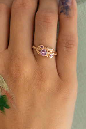 Pink sapphires engagement ring, olive branch gold ring with sapphires / Olivia - Eden Garden Jewelry™