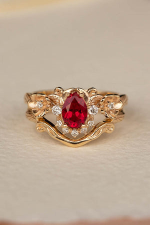 Ruby and crown diamonds engagement ring, gold flower proposal ring / Adelina - Eden Garden Jewelry™