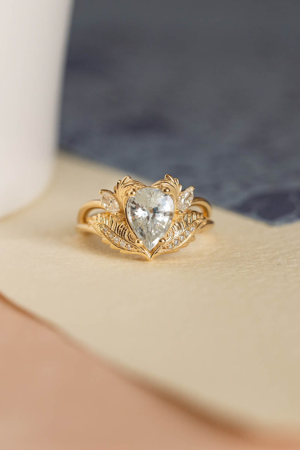 White sapphire engagement ring, gold nature themed proposal ring / Adonis - Eden Garden Jewelry™