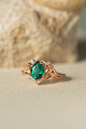 Pear lab emerald engagement ring, vintage inspired gold ring with diamonds / Lida small - Eden Garden Jewelry™