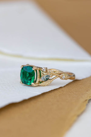 Lab emerald and moss agates branch engagement ring, cushion cut gemstone gold proposal ring / Patricia - Eden Garden Jewelry™