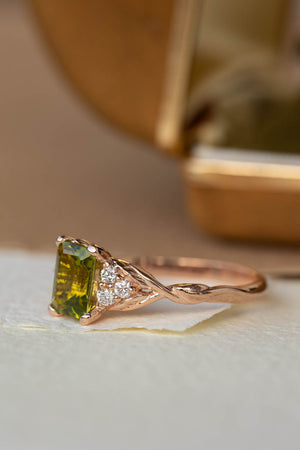 Peridot engagement ring, emerald cut gemstone proposal ring with accent diamonds / Gloria - Eden Garden Jewelry™