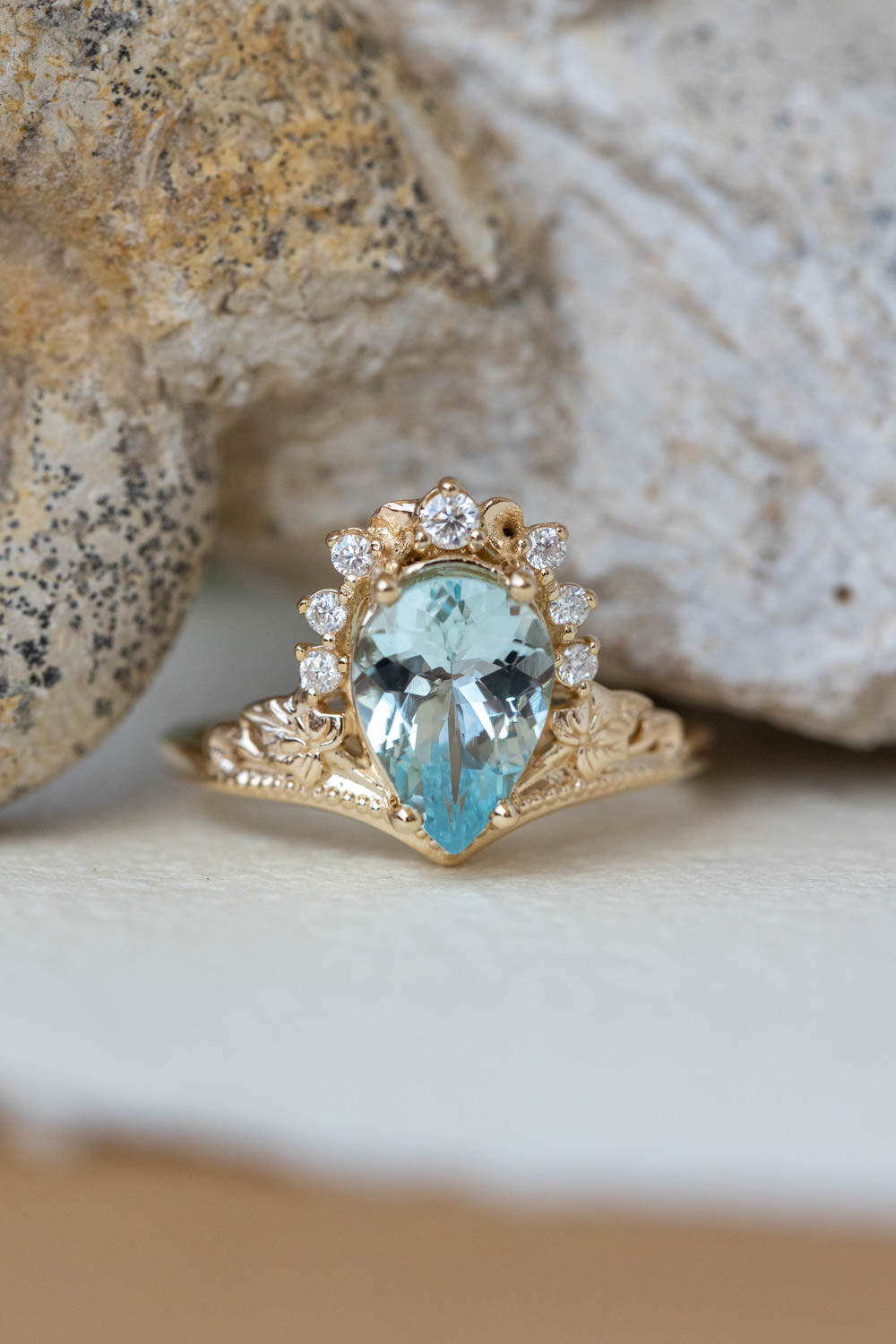 Aquamarine engagement ring, yellow gold proposal ring with diamond crown / Ariadne - Eden Garden Jewelry™