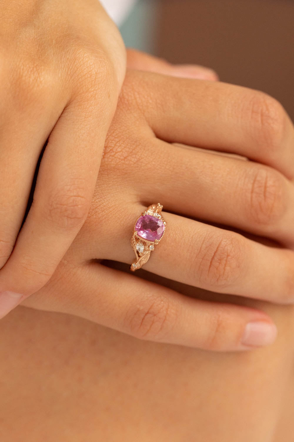 Genuine pink sapphire branch engagement ring, gold leaves and diamonds proposal ring / Patricia - Eden Garden Jewelry™