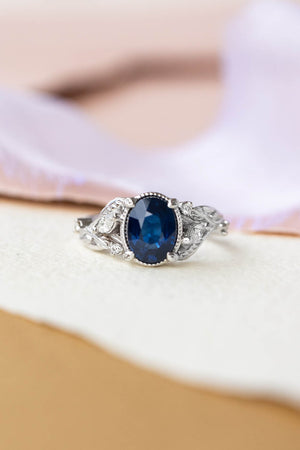 Royal blue sapphire engagement ring, nature inspired white gold proposal ring with diamonds / Patricia - Eden Garden Jewelry™