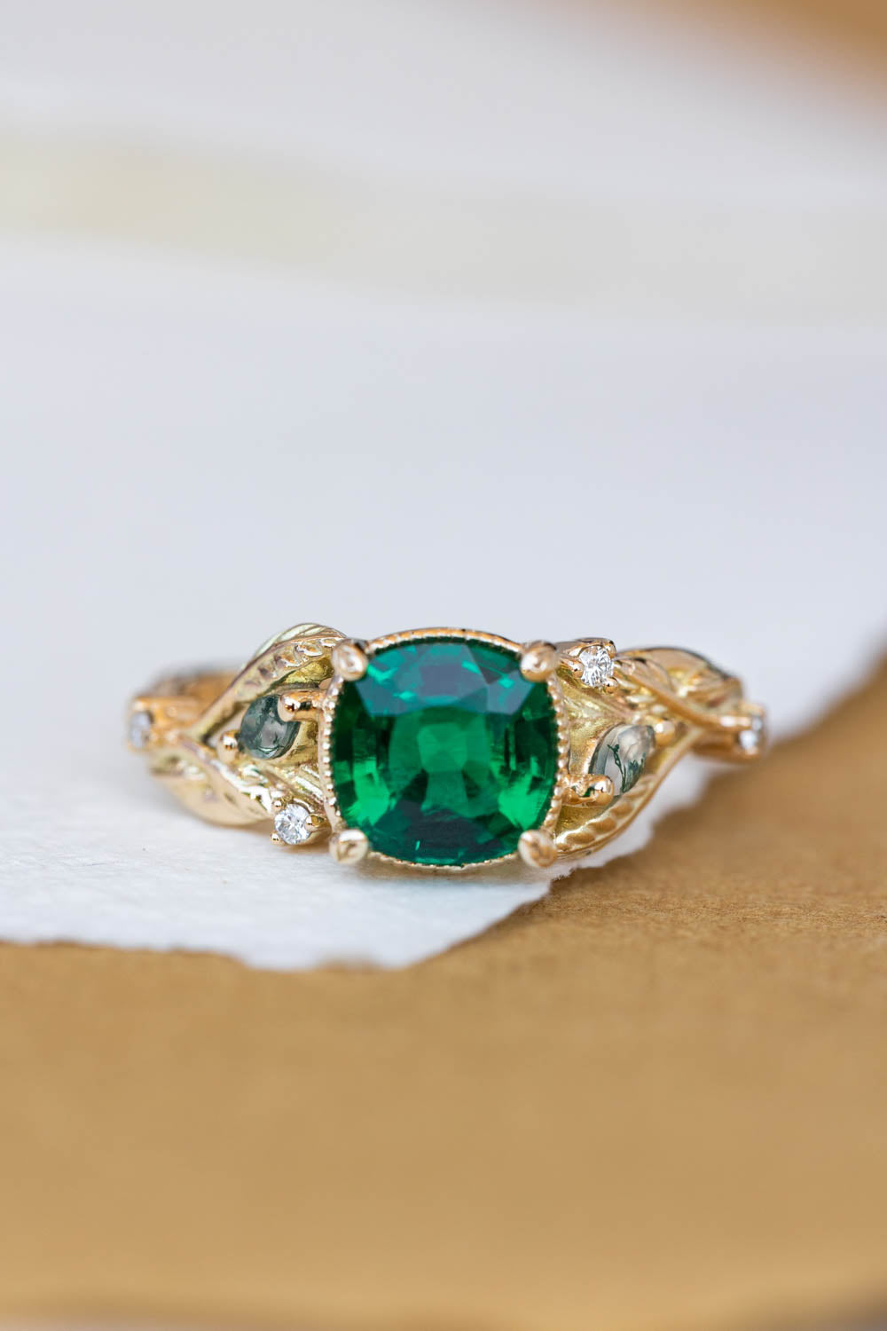 Lab emerald and moss agates branch engagement ring, cushion cut gemstone gold proposal ring / Patricia - Eden Garden Jewelry™