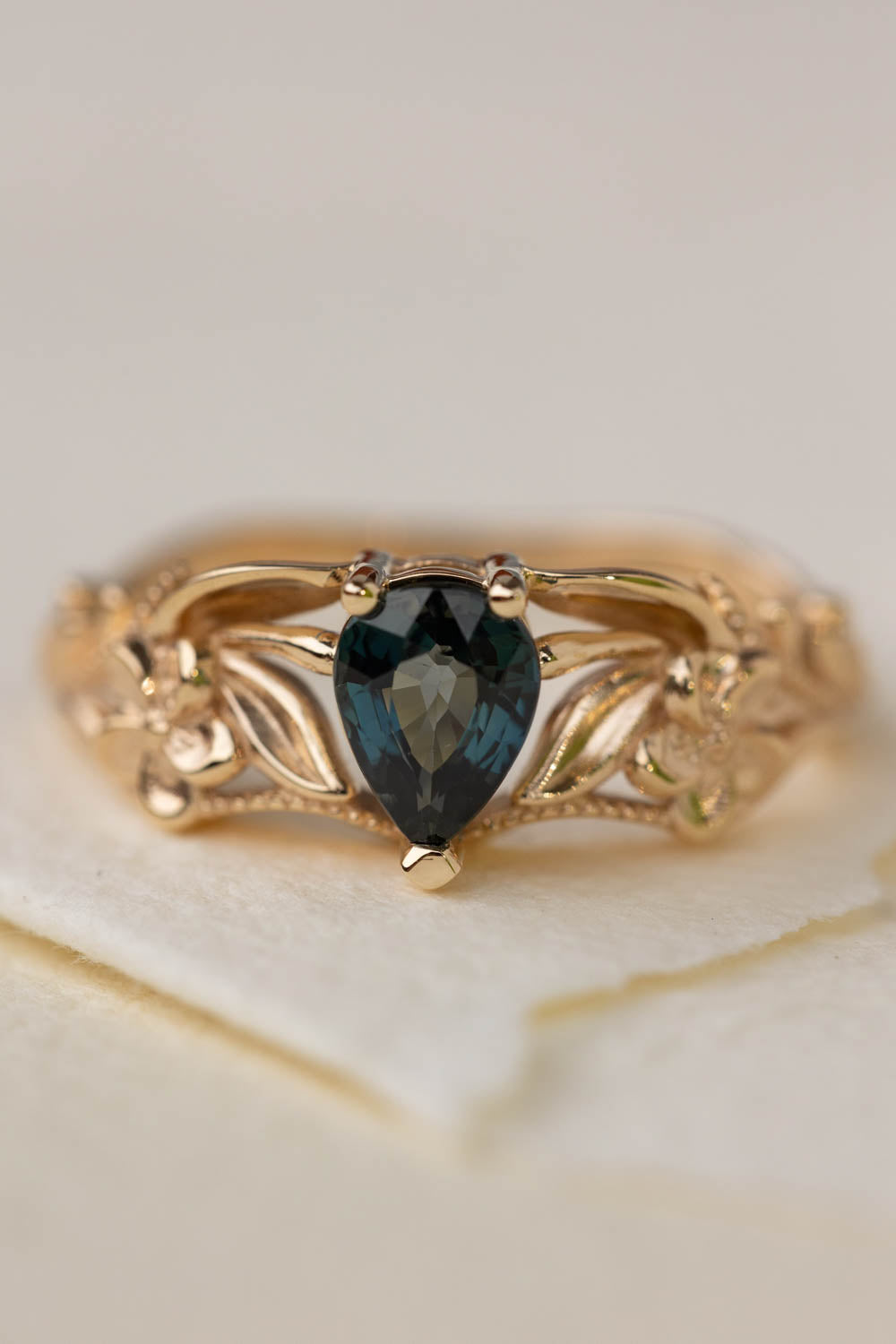 Genuine teal sapphire engagement ring, gold flower proposal ring / Eloise - Eden Garden Jewelry™