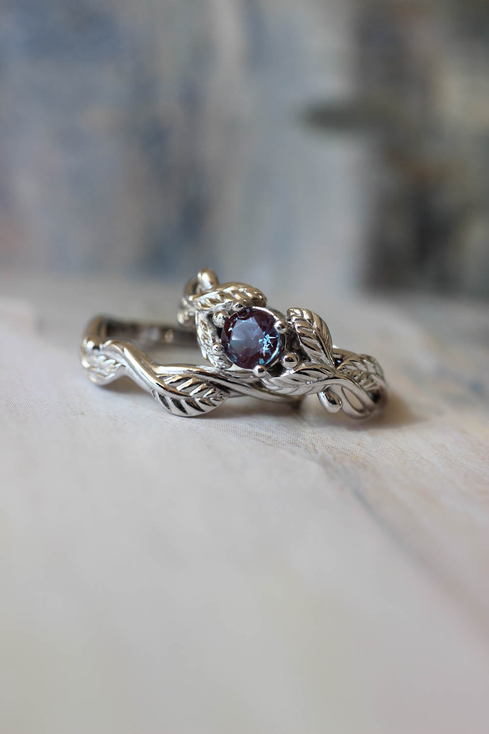 Lab alexandrite engagement ring, white gold nature themed promise ring / Cornus - Eden Garden Jewelry™