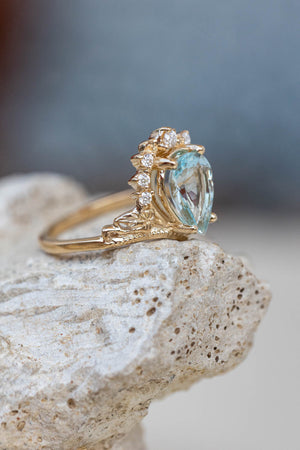 2.8 carat aquamarine bridal ring set, big pear cut engagement rings with diamond crown / Ariadne - Eden Garden Jewelry™