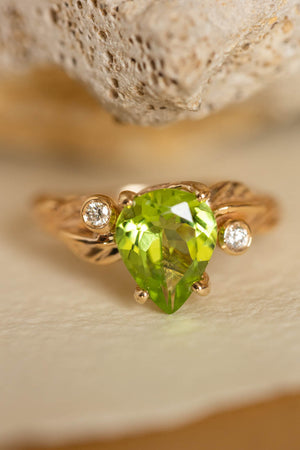 Peridot engagement ring with accent gemstones, big pear gemstone ring / Arius - Eden Garden Jewelry™