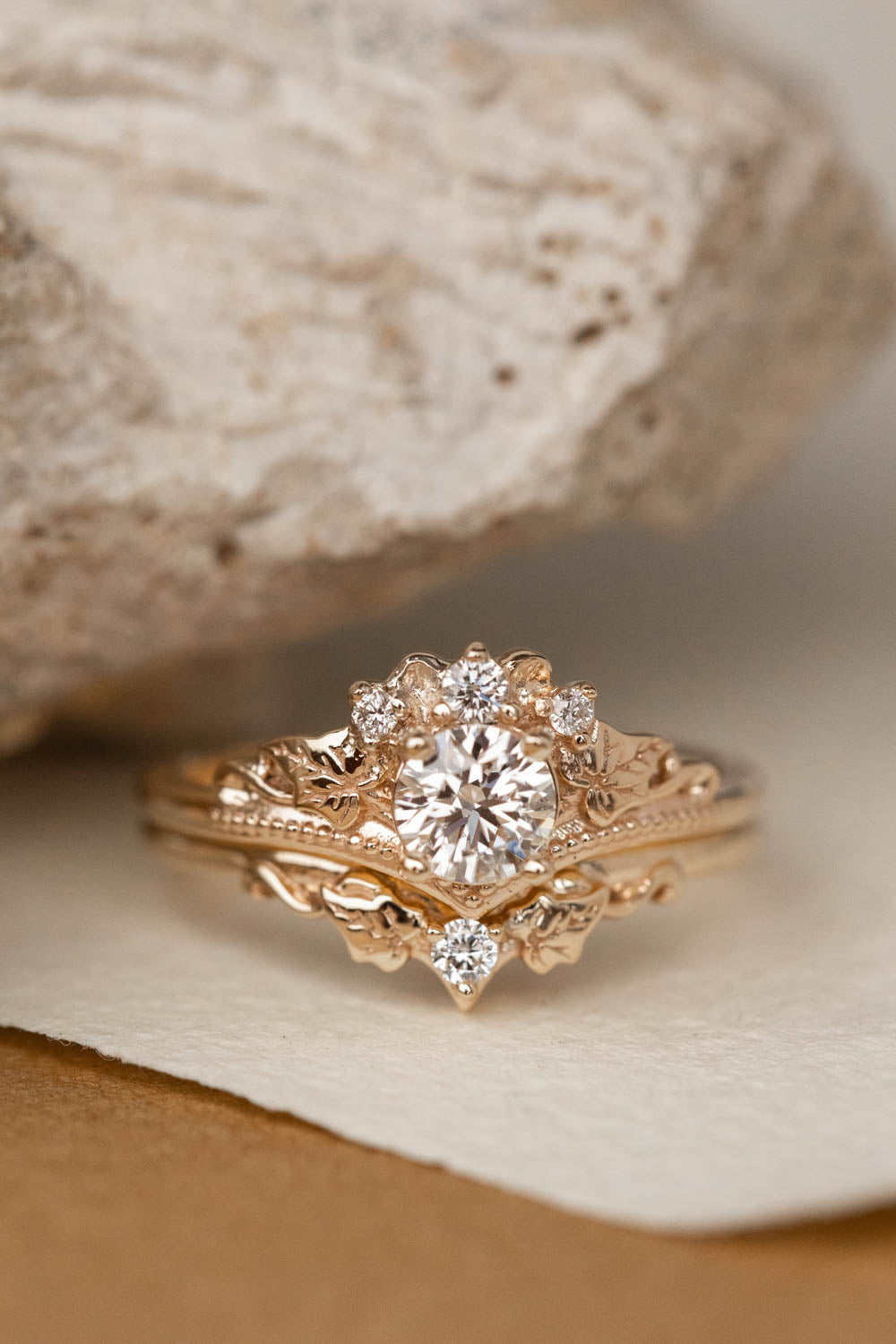 Lab grown diamond bridal ring set, gold ivy leaves engagement rings / Ariadne - Eden Garden Jewelry™