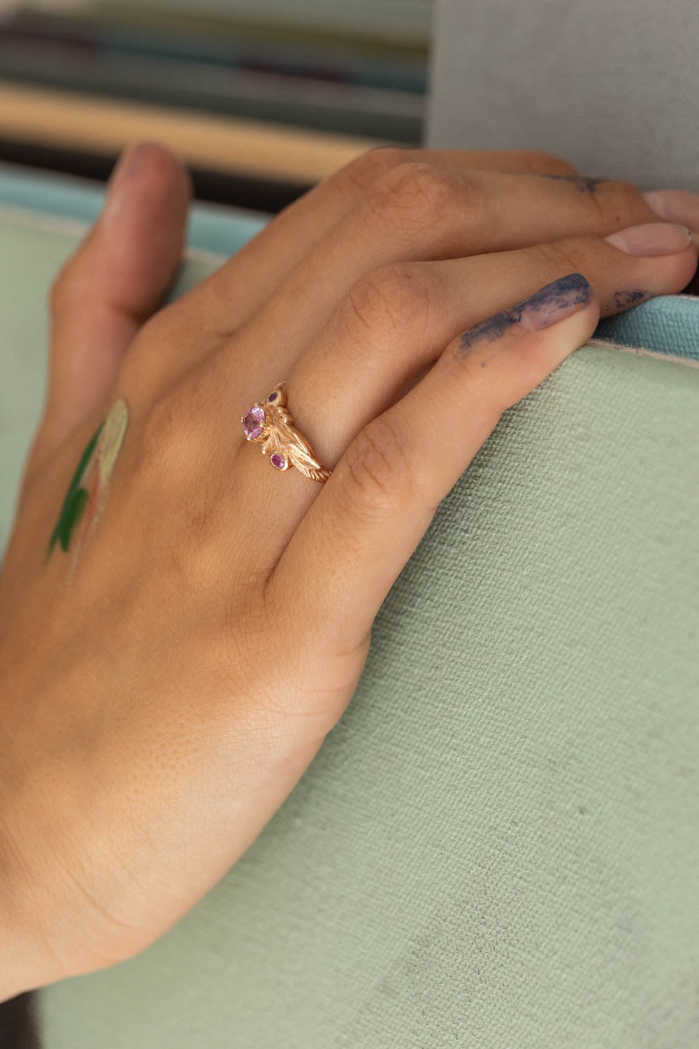 Pink sapphires engagement ring, olive branch gold ring with sapphires / Olivia - Eden Garden Jewelry™