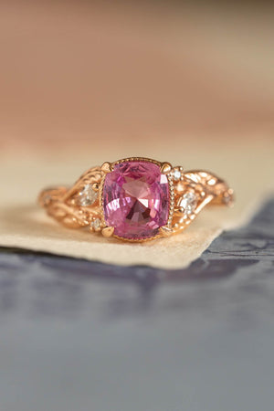 Genuine pink sapphire branch engagement ring, gold leaves and diamonds proposal ring / Patricia - Eden Garden Jewelry™