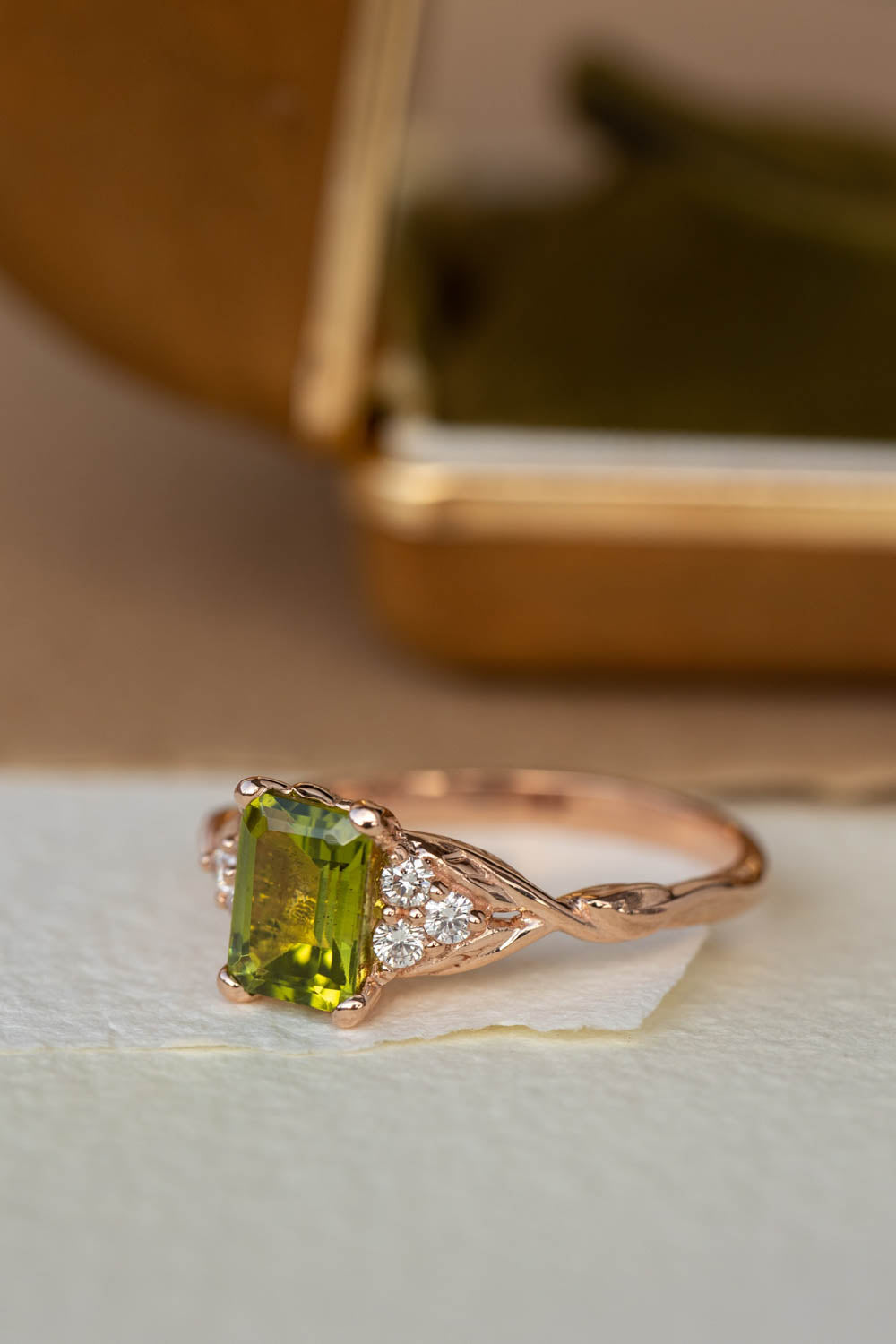 Peridot engagement ring, emerald cut gemstone proposal ring with accent diamonds / Gloria - Eden Garden Jewelry™